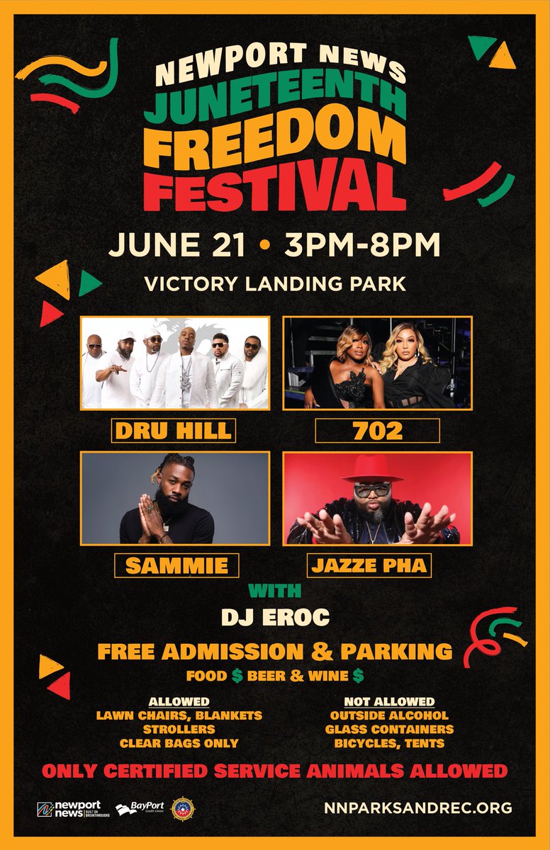 Happy #JuneTeenth Day! The celebration continues this weekend at the Newports News Juneteenth Freedom Festival this SATURDAY at the Victory Landing Park!

Tell a friend to tell a friend! 🗣️

#YearOfTheDru