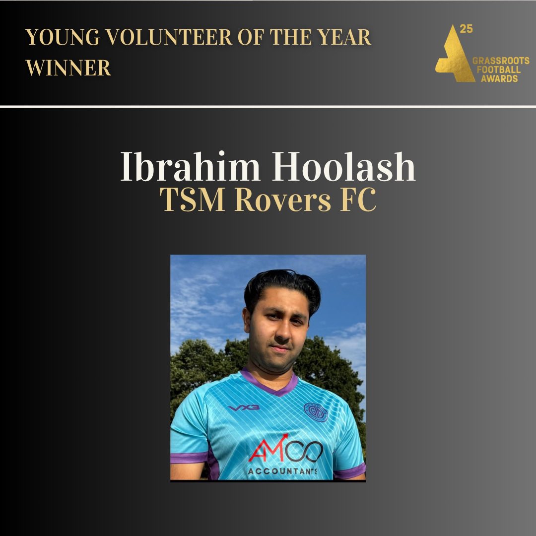 Amateur FA ⚽️ (@amateurfa) on Twitter photo Our Young Volunteer of the Year has immediately made an impact in football, by engaging people from all communities and backgrounds to become members at his club.
Congratulations to Ibrahim Hoolash from <a href="/tsmrovers1/">TSM Rovers FC</a> 🙌
#GFAAwards25 Our Young Volunteer of the Year has immediately made an impact in football, by engaging people from all communities and backgrounds to become members at his club.
Congratulations to Ibrahim Hoolash from <a href="/tsmrovers1/">TSM Rovers FC</a> 🙌
#GFAAwards25