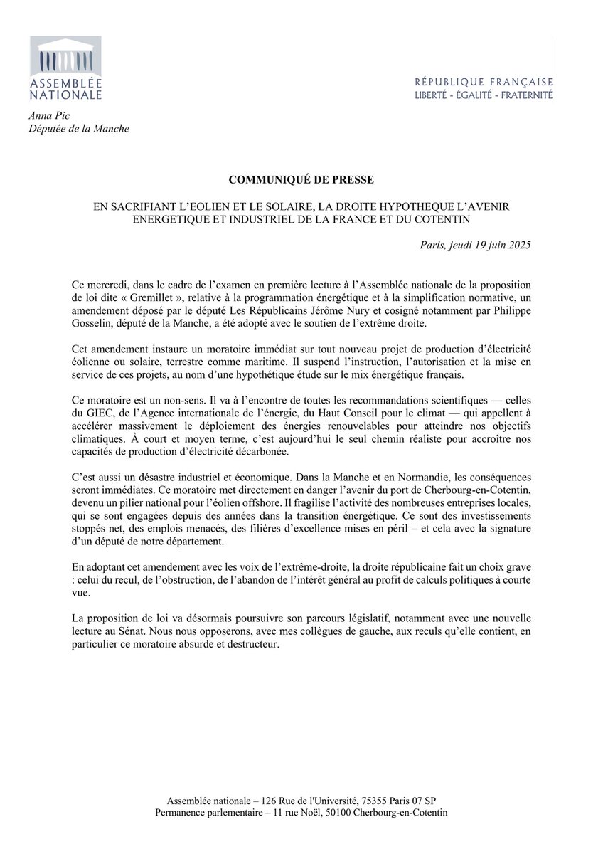 En votant un moratoire sur l’éolien et le solaire avec l’extrême droite, la droite hypothèque l’avenir énergétique et industriel de la France et du Cotentin.

Un recul grave pour le climat, l’emploi et nos territoires. Nous nous y opposerons. ⬇️