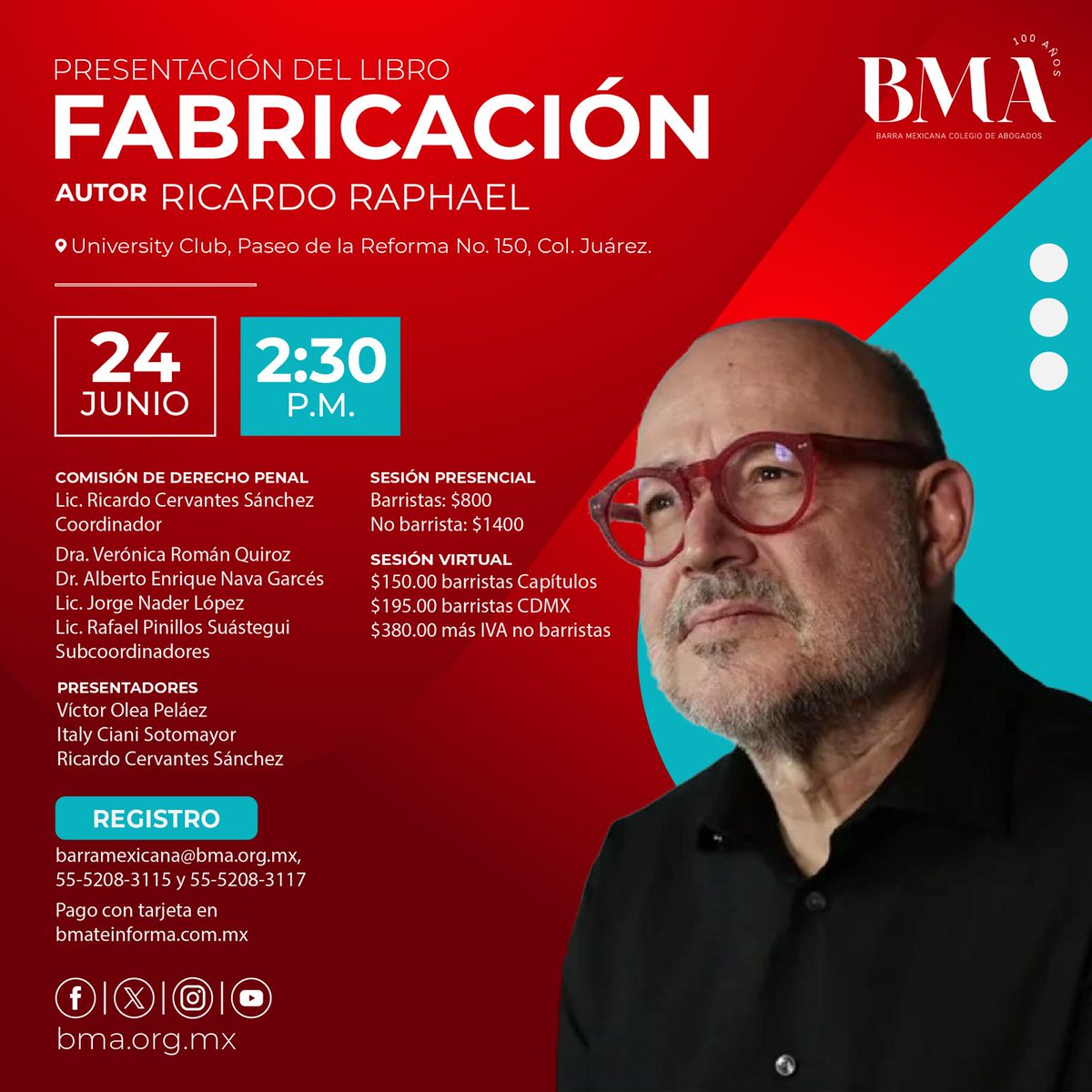 📚 Presentación del libro “Fabricación” de Ricardo Raphael
🗓️ 24 de junio | 🕝 2:30 p.m.
🔍 Acompáñanos a reflexionar sobre poder, justicia y manipulación en México a través de la obra de uno de los periodistas más críticos del país.
📍University Club, CDMX
🎥 Modalidad