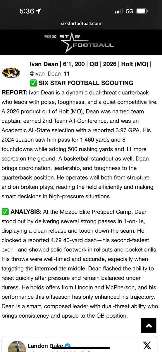 Ivan Dean (@ivan_dean_11) on Twitter photo Thanks <a href="/sixstarfootball/">Six Star Football | PLUS+</a> for the write-up! Looking forward to more opportunities to get better this summer!
<a href="/HoltFB/">Holt Football</a> <a href="/NationHolt/">Holt Indian Nation</a> <a href="/EthanPlace8541/">Coach Ethan Place</a> <a href="/RecruitHoltFB/">HOLT FOOTBALL RECRUITING</a> <a href="/JPRockMO/">JP Rock</a> <a href="/elitefootball/">EliteFootballAcademy</a> @prepredzonemo <a href="/sixstarfootball/">Six Star Football | PLUS+</a> <a href="/6starfootballMO/">Six Star Football | MISSOURI</a>
<a href="/Bryan_Ault/">Bryan Ault - Midwest Scout</a> <a href="/CoachHulmes/">Alec Hulmes</a> <a href="/QBHitList/">QBHitList.com</a> Thanks <a href="/sixstarfootball/">Six Star Football | PLUS+</a> for the write-up! Looking forward to more opportunities to get better this summer!
<a href="/HoltFB/">Holt Football</a> <a href="/NationHolt/">Holt Indian Nation</a> <a href="/EthanPlace8541/">Coach Ethan Place</a> <a href="/RecruitHoltFB/">HOLT FOOTBALL RECRUITING</a> <a href="/JPRockMO/">JP Rock</a> <a href="/elitefootball/">EliteFootballAcademy</a> @prepredzonemo <a href="/sixstarfootball/">Six Star Football | PLUS+</a> <a href="/6starfootballMO/">Six Star Football | MISSOURI</a>
<a href="/Bryan_Ault/">Bryan Ault - Midwest Scout</a> <a href="/CoachHulmes/">Alec Hulmes</a> <a href="/QBHitList/">QBHitList.com</a>