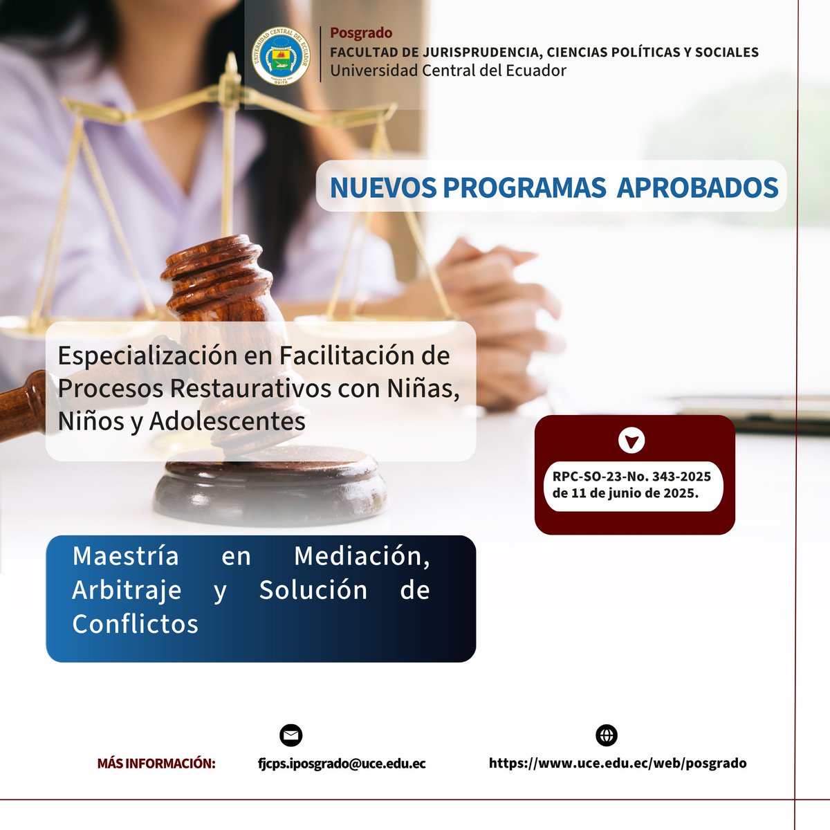 #BuenasNoticias | Nuevos programas de posgrado aprobados ✨
▶️El <a href="/ces_ec/">CES</a>  aprobó 
✅Especialización en Facilitación de Procesos Restaurativos con Niñas, Niños y Adolescentes
✅Maestría en Mediación, Arbitraje y Solución de Conflictos  
Resolución bit.ly/4kWK9zK