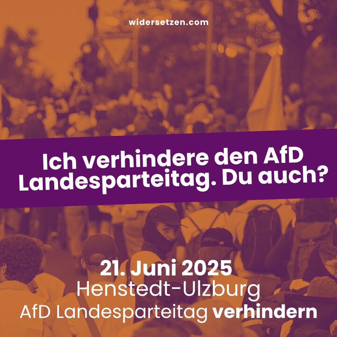AfD-Landesparteitag verhindern 

👉🏽 21. Juni 2025, ab 09:00 Uhr 
👉🏽 Henstedt-Ulzburg, Bürgerhaus

#hu2106 #fckafd #henstedtulzburg