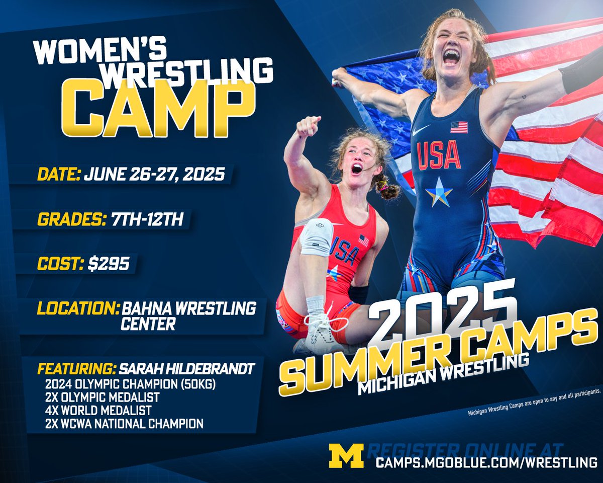 Michigan Wrestling (@umichwrestling) on Twitter photo Our annual women's camp with Olympic champion Sarah Hildebrandt (<a href="/sarhilde/">Sarah Hildebrandt</a>) is next week - June 26-27th at the Bahna Wrestling Center. Registration closes on Sunday. Make plans to join us!
Info/Register: myumi.ch/JNDx7 Our annual women's camp with Olympic champion Sarah Hildebrandt (<a href="/sarhilde/">Sarah Hildebrandt</a>) is next week - June 26-27th at the Bahna Wrestling Center. Registration closes on Sunday. Make plans to join us!
Info/Register: myumi.ch/JNDx7