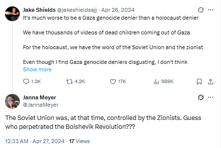 Tech has become infiltrated by rabid antisemites. Meet Janna Meyer, a Senior Program Manager at a leading firm, who spreads vile bigotry including:

- celebrated Iran’s 2024 attack on Israel by tweeting “bye bye Zionism” aka the Jewish people
- insinuated Israel murdered JFK,