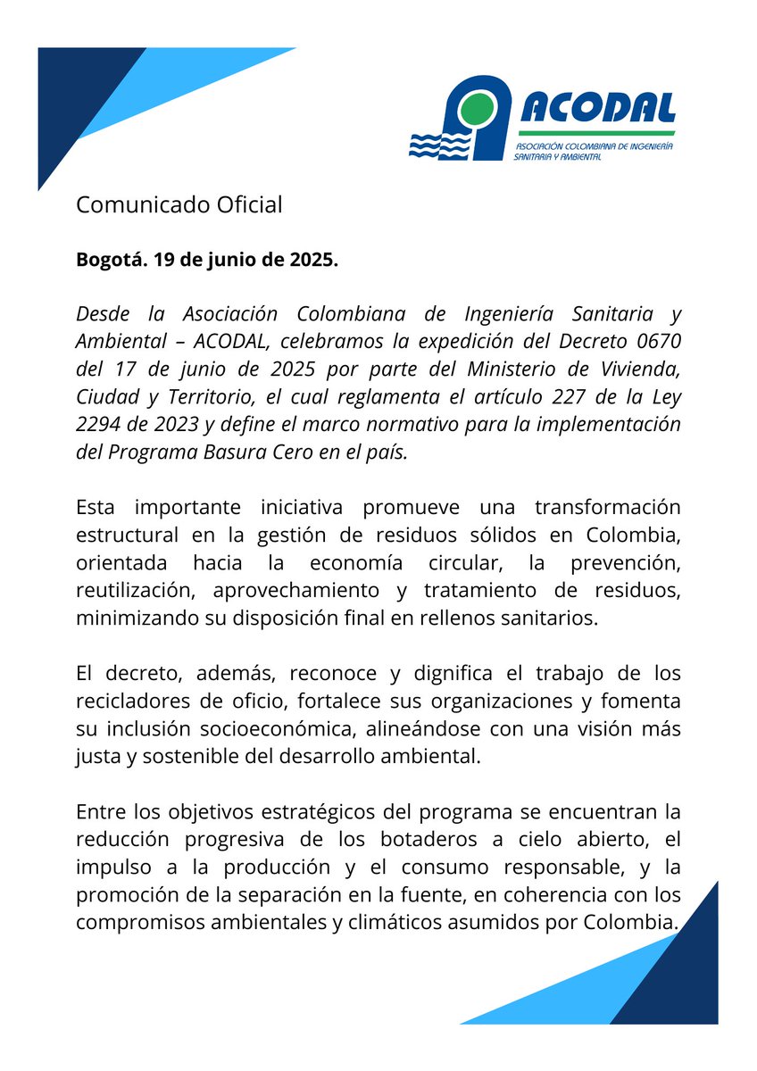 ACODAL NACIONAL (@acodal) on Twitter photo Desde <a href="/ACODAL/">ACODAL NACIONAL</a> celebramos el #Decreto0670 de 2025, que reglamenta el #ProgramaBasuraCero #ResiduosSólidos #PolíticaAmbiental Desde <a href="/ACODAL/">ACODAL NACIONAL</a> celebramos el #Decreto0670 de 2025, que reglamenta el #ProgramaBasuraCero #ResiduosSólidos #PolíticaAmbiental