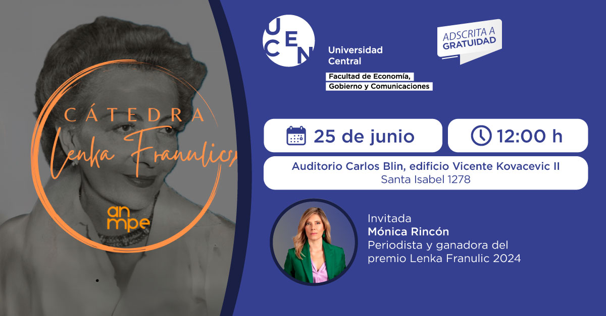 📢 Este 25 de junio, 12:00 hrs, llega la #CátedraLenkaFranulic a la <a href="/ucentral_cl/">Universidad Central de Chile</a>  con Mónica Rincón, Premio Lenka Franulic 2024. Un espacio para reflexionar sobre el rol de las mujeres en el periodismo. ¡No te lo pierdas! 🗞️👩‍💼 #PeriodismoUCEN