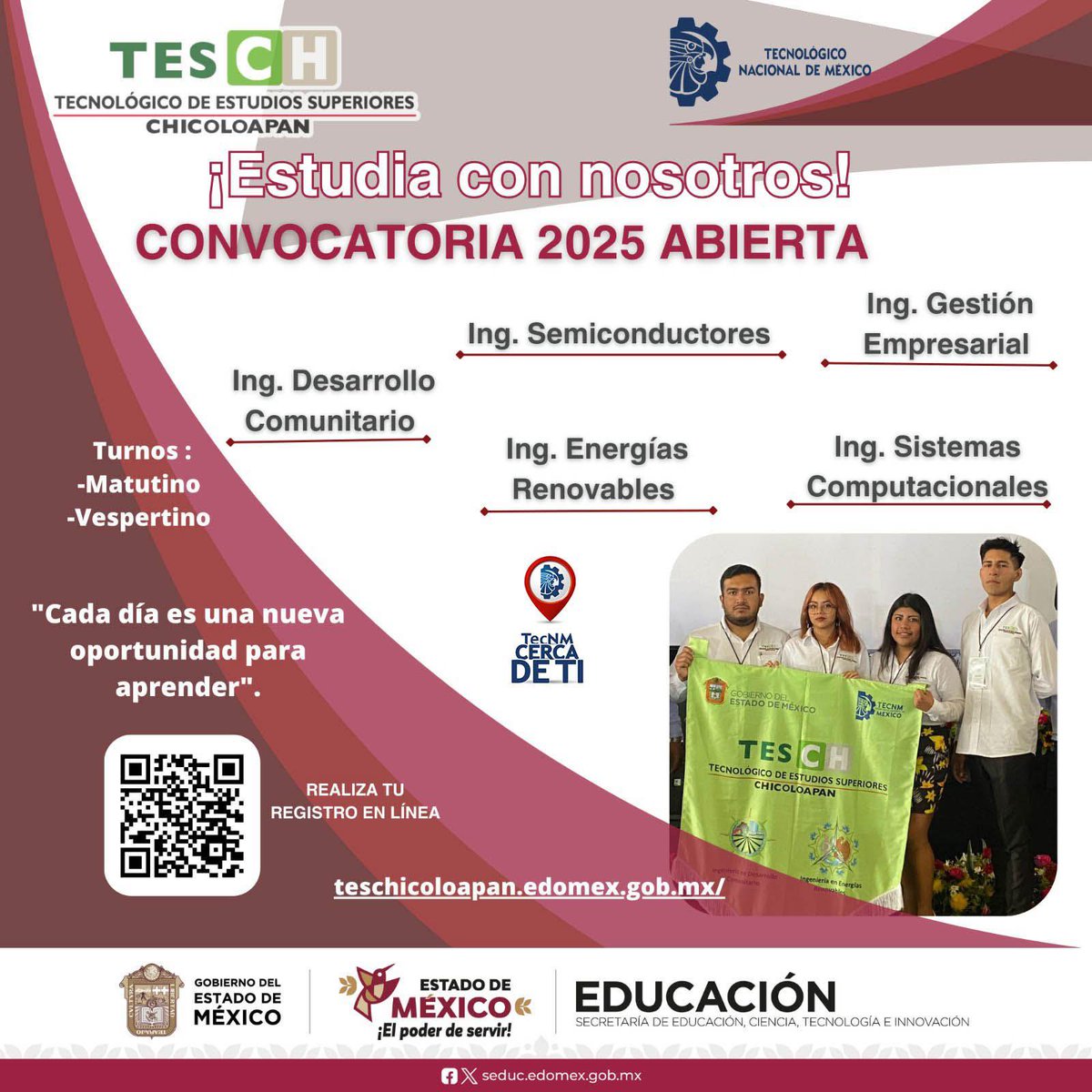 #TecNMCercaDeTi📍
Conoce la oferta académica que el #TecNM - Chicoloapan tiene para ti, y forma parte de su #ComunidadTecNM.

Convocatoria 👉 teschicoloapan.edomex.gob.mx/convocatoria

#SomosTecNM
#ExcelenciaEnEducaciónSuperiorTecnológica
#EducaciónSuperior
#Carreras #Ingenierías