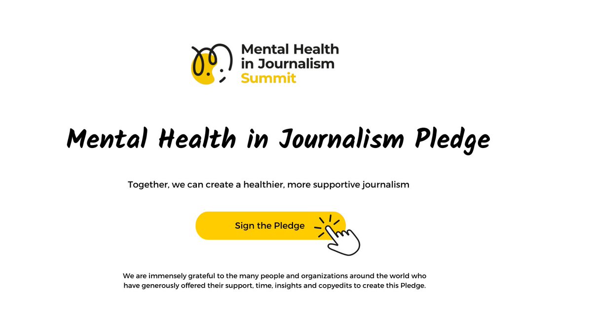 selfinvestigate's tweet image. 💛 A healthier journalism culture starts with us.

🧠 Let’s recognize that journalists face real mental health challenges and that media organizations must do more to support them.

Sign the Mental Health in Journalism Pledge now 👉🏼 theselfinvestigation.com/mental-health-…

#MHJS24 #MHJS25