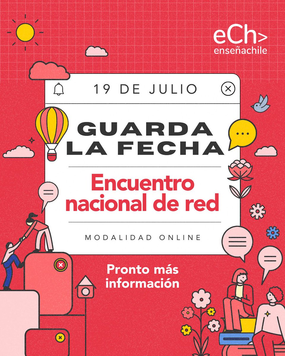 ¡Agenda con tiempo 🗓️! Ya tenemos fecha para nuestro Encuentro Nacional de Red: Un espacio para reflexionar, compartir y conectar desde Tarapacá a Magallanes con quienes somos parte de Enseña Chile.

¡Pronto más información!