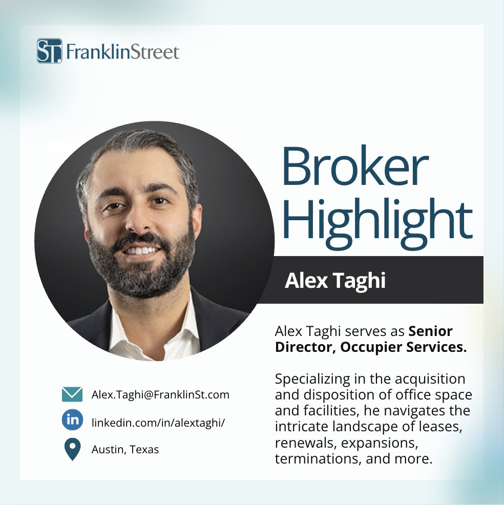 Get to know Alex Taghi! With an extensive track record encompassing nearly 2 million sq. ft. of office leasing, sales, and strategic workplace assignments, Alex stands as a trusted partner in the commercial real estate realm. Learn more: franklinst.com/user_profile/a…