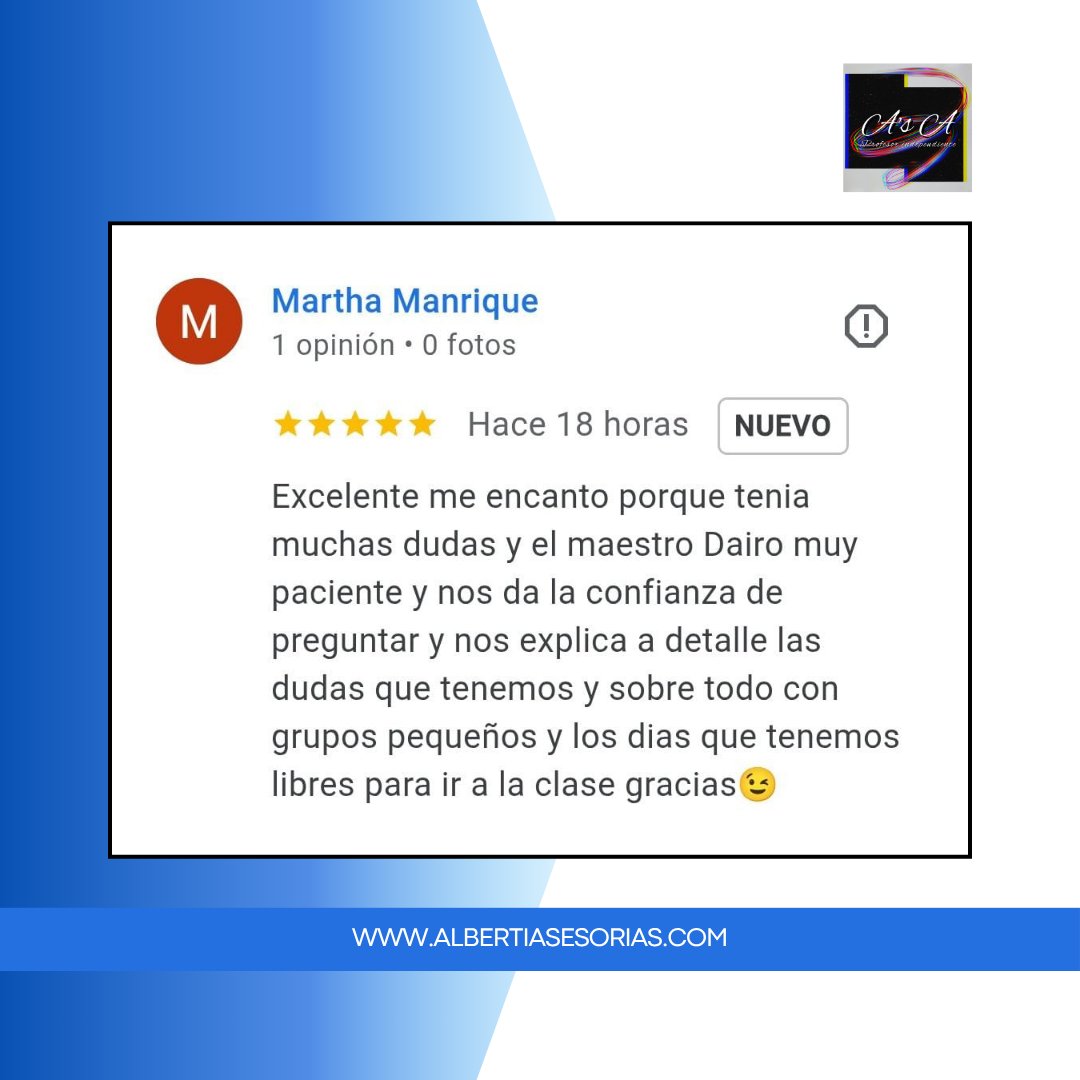 AlbertisAsesor's tweet image. 🌟 ¡Gracias por sus reseñas de 5 estrellas!

💙 En Alberti&apos;s Asesorías nos sentimos motivados y agradecidos por su confianza. 

📲 ¿Ya te uniste a nuestros cursos? Escríbenos.
#ExcelBásico #AlbertisAsesorías #TestimonioReal