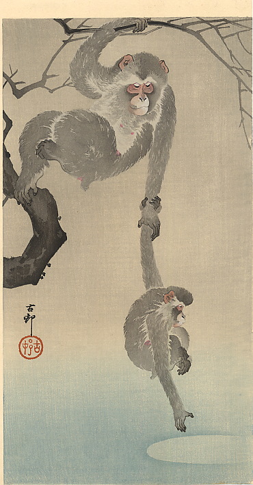 JapanTraCul's tweet image. Monkey with her child, by Ohara Koson, 19th century
