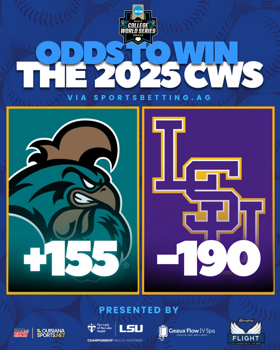 OMAHA: LSU slight favorite over Coastal Carolina to win CWS

Presented by | <a href="/ololhealth/">Our Lady of the Lake Health</a> 
Sponsored by: <a href="/yuenglingbeer/">Yuengling Brewery</a> &amp; <a href="/GeauxFlowIV/">Geaux Flow IV Spa</a> 

READ: louisianasports.net/2025/06/19/lsu…