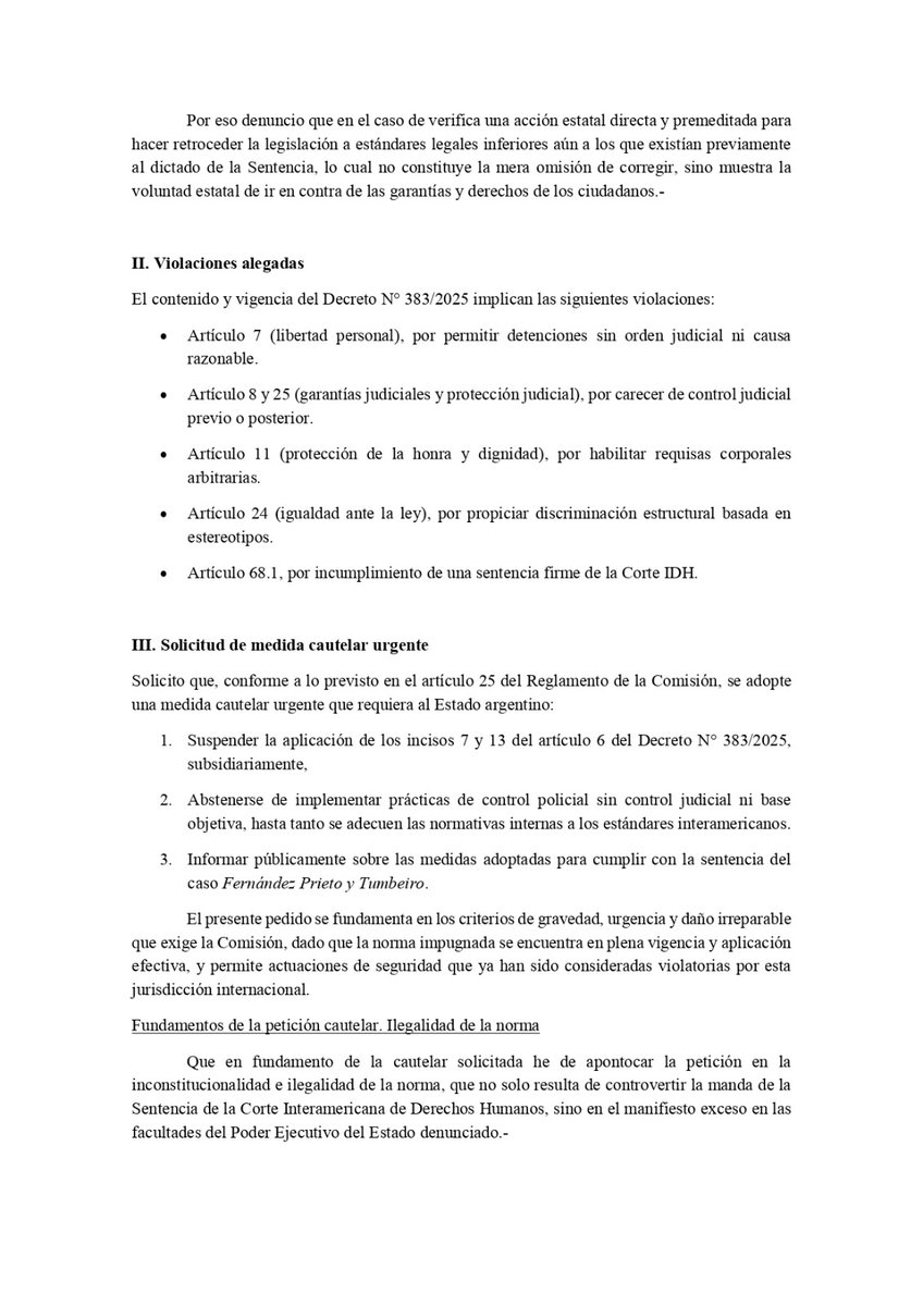 Denuncie al <a href="/GobiernoArgent3/">Gobierno Argentino</a> por incumplimiento de la Sentencia "Fernandez Prieto y Tumbeiro Vs Argentina". Pedí medida cautelar de suspensión los incisos 7 y 13 del artículo 6 del nuevo Estatuto de la PFA aprobado por Decreto 383/25. Vamos poner límites al autoritarismo.