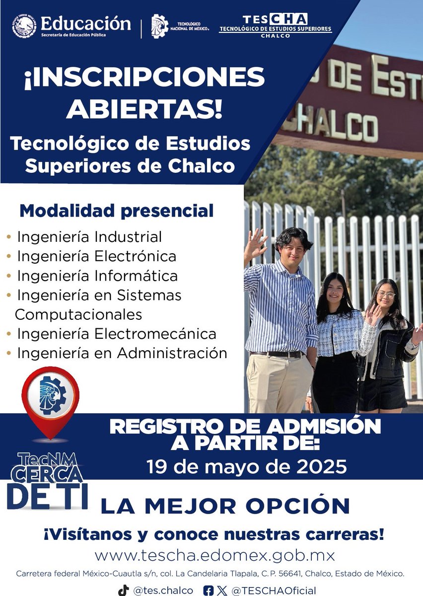 #TecNMCercaDeTi📍
Conoce la oferta académica que el #TecNM - Chalco tiene para ti, y forma parte de su #ComunidadTecNM.

Convocatoria 👉 tescha.edomex.gob.mx/presencial

#SomosTecNM
#ExcelenciaEnEducaciónSuperiorTecnológica
#EducaciónSuperior
#Carreras #Ingenierías