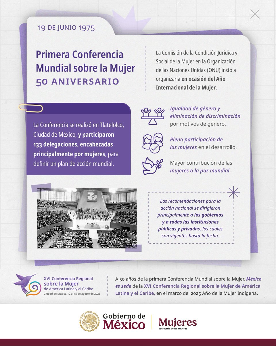 Hace 50 años, la Primera Conferencia Mundial sobre la Mujer en Tlatelolco, sentó las bases globales por la igualdad, el desarrollo y la paz.

México, pionero en este hito histórico, reafirma su compromiso al ser sede de la XVI Conferencia Regional en 2025.
#XVIConferenciaMujerALC