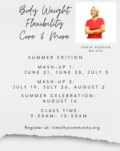 VaniaVHudson's tweet image. Join me at Timothy Community Corporation for my Body Weight, Flexibility, Core &amp;amp; More Summer Series beginning June 21st 💪

See you there!

#thatlady
#timothycommunity 
#summertime