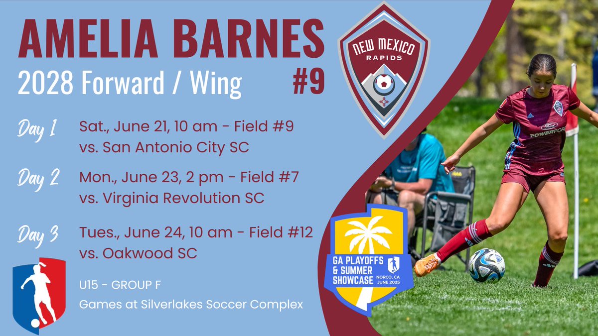 AmeliaBarnes28's tweet photo. Excited for the GA Summer Showcase in Norco, CA this weekend. I’ll be playing with my 2010 NM Rapids GA team. I hope you can watch me and my team play! #GASummerShowcase
@ImYouthSoccer @NMRapidsSC @SunilSportsNews @PrepSoccer @ImCollegeSoccer @YAthletesF @scan1ansports @CoastRecruits @TheSoccerWire @G2CollegeSoccer @EliteSoccerPlay @SportPrepX @TopDrawerSoccer @nxt1sports @Sports_News_HQ @TopPreps