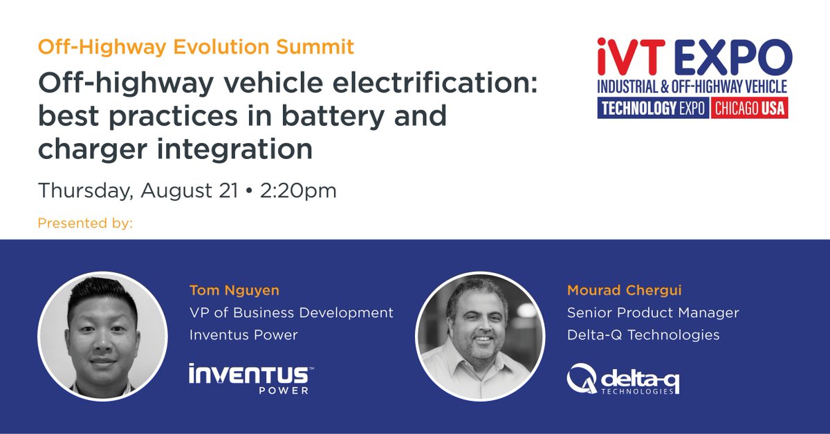 Inventus Power (@inventuspower) on Twitter photo Inventus Power will co-present with <a href="/DeltaQTech/">Delta-Q Technologies</a> at the Off-Highway Evolution Summit, <a href="/ivtexpo/">Industrial Vehicle Technology Expo</a> Chicago. Join Tom Nguyen & Mourad Chergui on Aug 21, 2:20pm as they share best practices for battery & charger integration in off-highway vehicles. Register now: hubs.li/Q03sW_zb0 Inventus Power will co-present with <a href="/DeltaQTech/">Delta-Q Technologies</a> at the Off-Highway Evolution Summit, <a href="/ivtexpo/">Industrial Vehicle Technology Expo</a> Chicago. Join Tom Nguyen & Mourad Chergui on Aug 21, 2:20pm as they share best practices for battery & charger integration in off-highway vehicles. Register now: hubs.li/Q03sW_zb0