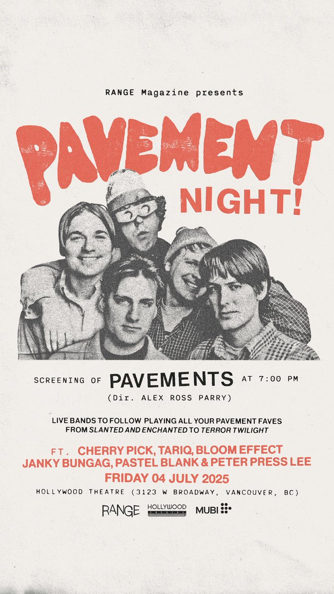 🎶🎥🎶 A Night Dedicated To PAVEMENT! Friday July 4 2025 At Hollywood Theatre

“Pavements” Band Documentary 7pm
Pavement Cover Bands At 10pm
Pavement &amp; Indie Rock DJ Sets!

Brought To You By RANGE 🎶🎥🎶

🍿 Advance Tickets Available Via hollywoodtheatre.ca/events/pavemen… 🍿