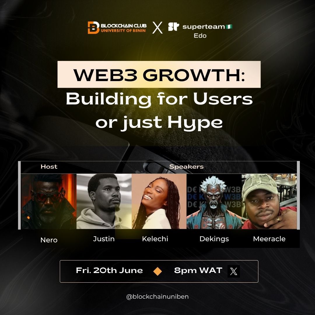 NERO (@nero_bx) on Twitter photo I will be hosting a space with <a href="/unibencrypto/">Blockchain Uniben</a> x <a href="/SuperteamNG/">Superteam Nigeria</a>
On the topic :WEB3 Growth: Building for users or just hype
Featuring top OGs <a href="/SuperteamNG/">Superteam Nigeria</a> . Click on the link below and set reminder.
Like, repost and tag friends, don’t miss this space
x.com/i/spaces/1vAxR… I will be hosting a space with <a href="/unibencrypto/">Blockchain Uniben</a> x <a href="/SuperteamNG/">Superteam Nigeria</a>
On the topic :WEB3 Growth: Building for users or just hype
Featuring top OGs <a href="/SuperteamNG/">Superteam Nigeria</a> . Click on the link below and set reminder.
Like, repost and tag friends, don’t miss this space
x.com/i/spaces/1vAxR…