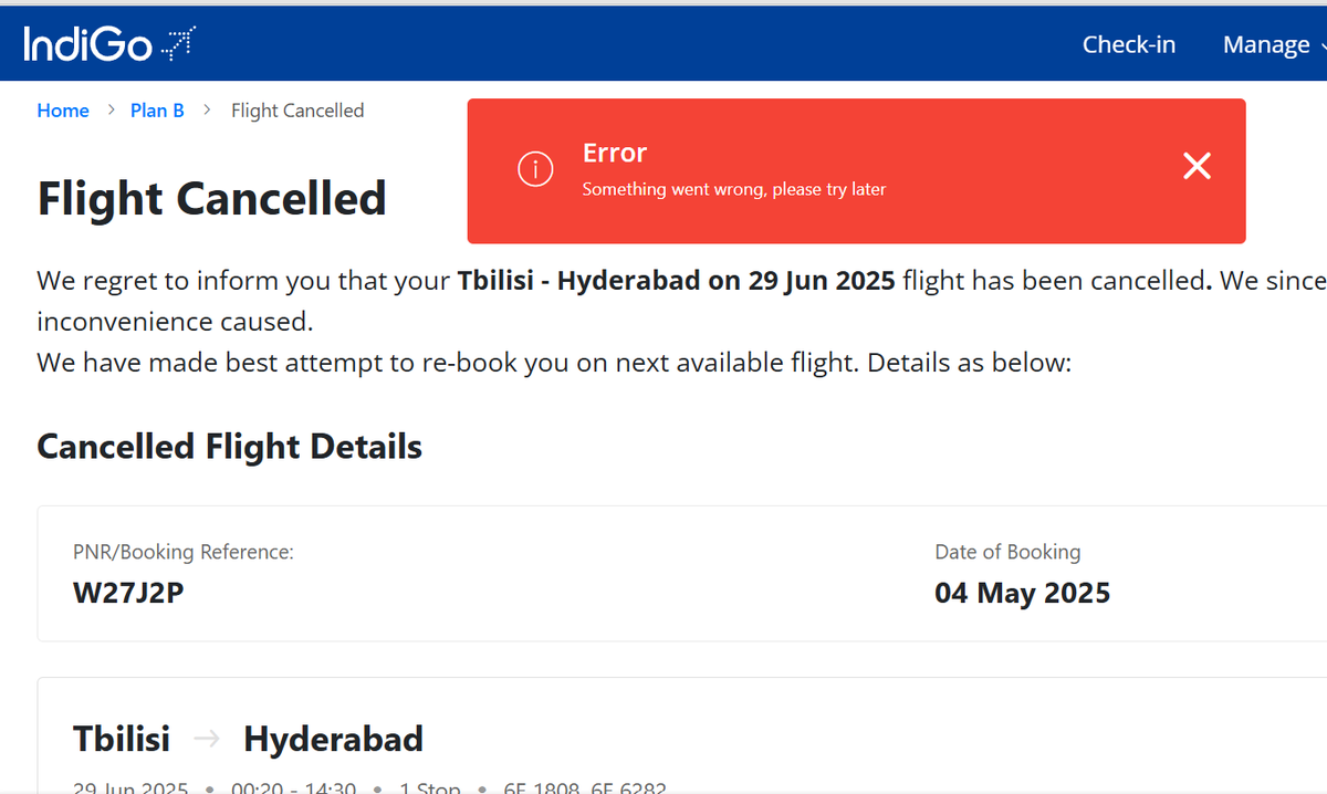 ManojDevender's tweet photo. @IndiGo6E @MoCA_GoI My flight 6E1808 (PNR: W27J2P) on 29/06 Tbilisi to Delhi has been cancelled without any prior intimation.I rebooked this journey a week ago (14/06) after the 1st cancellation. The rebooked flight is cancelled again, no options left working #IndiGo @DGCAIndia https://t.co/zTkV8RClnm