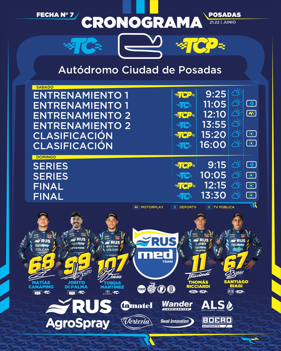 Rus Med Team (@rusmedteam) on Twitter photo ✅️ CRONOGRAMA
#TC #TCPista
✔️ <a href="/matiascanapino/">Matias Canapino</a>
✔️ <a href="/jositoooooo/">Josito Di Palma</a>
✔️ <a href="/tobiasmartiinez/">Tobias Martinez</a>
✔️ <a href="/tomyricciardi/">Tomy Ricciardi</a>
✔️ #SantiBiagi
🔷 <a href="/consultoramed/">Consultora Med</a>
<a href="/mauromedina74/">Mauro Medina</a>
@cruzzettiracing
<a href="/carlos_serpero/">Carlos Serpero</a>
💙 #MasQueUnEquipo
<a href="/ruseguros/">ruseguros</a>
<a href="/RUSDeportes/">RUS Deportes</a>
<a href="/AgroSprayAR/">AgroSpray</a>
<a href="/WanderLub/">Wander Lubricantes</a>
<a href="/Exintrader/">Exintrader SA</a>
<a href="/AgriLiquid/">Agri Liquid Solutions Argentina</a> ✅️ CRONOGRAMA
#TC #TCPista
✔️ <a href="/matiascanapino/">Matias Canapino</a>
✔️ <a href="/jositoooooo/">Josito Di Palma</a>
✔️ <a href="/tobiasmartiinez/">Tobias Martinez</a>
✔️ <a href="/tomyricciardi/">Tomy Ricciardi</a>
✔️ #SantiBiagi
🔷 <a href="/consultoramed/">Consultora Med</a>
<a href="/mauromedina74/">Mauro Medina</a>
@cruzzettiracing
<a href="/carlos_serpero/">Carlos Serpero</a>
💙 #MasQueUnEquipo
<a href="/ruseguros/">ruseguros</a>
<a href="/RUSDeportes/">RUS Deportes</a>
<a href="/AgroSprayAR/">AgroSpray</a>
<a href="/WanderLub/">Wander Lubricantes</a>
<a href="/Exintrader/">Exintrader SA</a>
<a href="/AgriLiquid/">Agri Liquid Solutions Argentina</a>