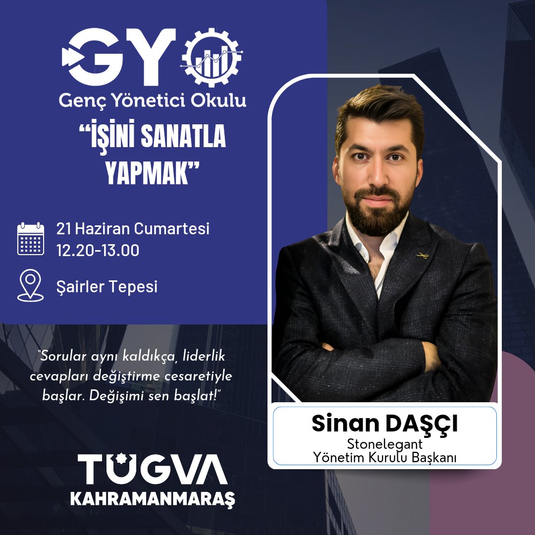 “Sorular aynı kaldıkça, liderlik cevapları değiştirme cesaretiyle başlar. Değişimi sen başlat.”

GYO Kahramanmaraş 2025 Programı’nı, birbirinden değerli konuklarımızla 21 Haziran Cumartesi günü saat 10.30’da Ahir Sofrası VIP Salon (Teras)’ta gerçekleştiriyoruz.