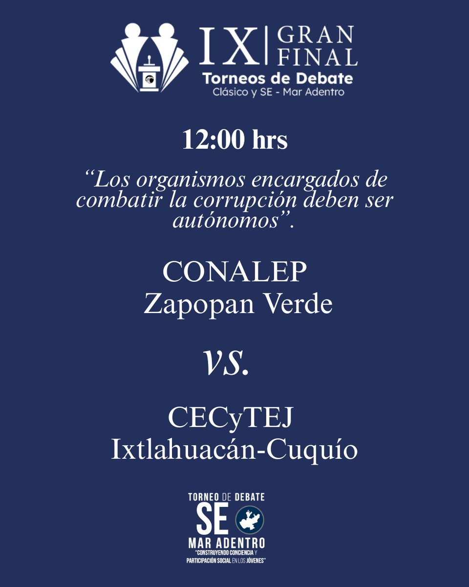 🏆 ¡Mañana es la IX Gran Final de Debate Mar Adentro!
Acompáñanos en el Auditorio de Ciudad Judicial y descubre a los campeones de los torneos Clásico y SE.
🎙️ Premiación a los mejores debatientes y coaches.
¡Cerramos juntos este gran ciclo! 🌊🎉