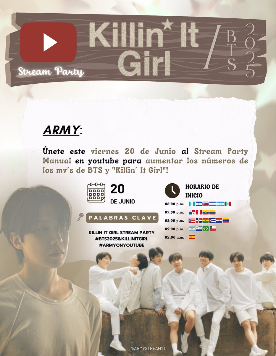 ARMYSTREAMYT's tweet image. ★ 𝕂𝕀𝕃𝕃𝕀ℕ' 𝕀𝕋 𝔾𝕀ℝ𝕃 | Stream Party

— ARMY, únete este viernes 20 de junio al Stream Party Manual para aumentar los números de BTS y  #KillinItGirl

🔄 Difunde para llegar a más ARMYS que apoyen en YT

KILLIN IT GIRL STREAM PARTY
#BTS2025&amp;amp;KILLINITGIRL
#ARMYonYoutube