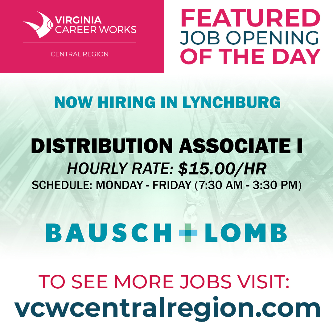 Virginia Career Works - Central Region (@vcwcentral) on Twitter photo JUST POSTED JUNE 17: <a href="/BauschLomb/">Bausch + Lomb</a> is hiring a Distribution Associate I at its Lynchburg distribution center. Applicants should have a High School Diploma or equivalent with six months of distribution or warehouse experience and basic PC knowledge. Apply at: careers.bauschlomb.com/job/US-VA-Lync… JUST POSTED JUNE 17: <a href="/BauschLomb/">Bausch + Lomb</a> is hiring a Distribution Associate I at its Lynchburg distribution center. Applicants should have a High School Diploma or equivalent with six months of distribution or warehouse experience and basic PC knowledge. Apply at: careers.bauschlomb.com/job/US-VA-Lync…