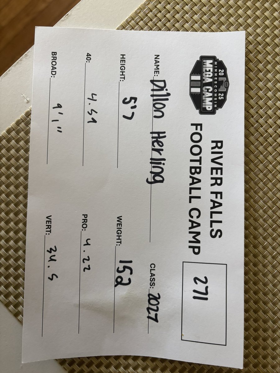 Dillon Herling (@dillonherling1) on Twitter photo Had an awesome time at the UW River Falls Minnesconsin mega camp Wednesday. Competed against some of the best in the midwest. Improved on my 40 time and vertical. Finished just inside the top 10 for pro agility.
<a href="/MJ_NFLDraft/">Mark Johnson</a> <a href="/NWahlScouting/">Nate Wahl</a> <a href="/travisWSN/">Travis Wilson</a> <a href="/Saber_Football/">Franklin Football</a> Had an awesome time at the UW River Falls Minnesconsin mega camp Wednesday. Competed against some of the best in the midwest. Improved on my 40 time and vertical. Finished just inside the top 10 for pro agility.
<a href="/MJ_NFLDraft/">Mark Johnson</a> <a href="/NWahlScouting/">Nate Wahl</a> <a href="/travisWSN/">Travis Wilson</a> <a href="/Saber_Football/">Franklin Football</a>