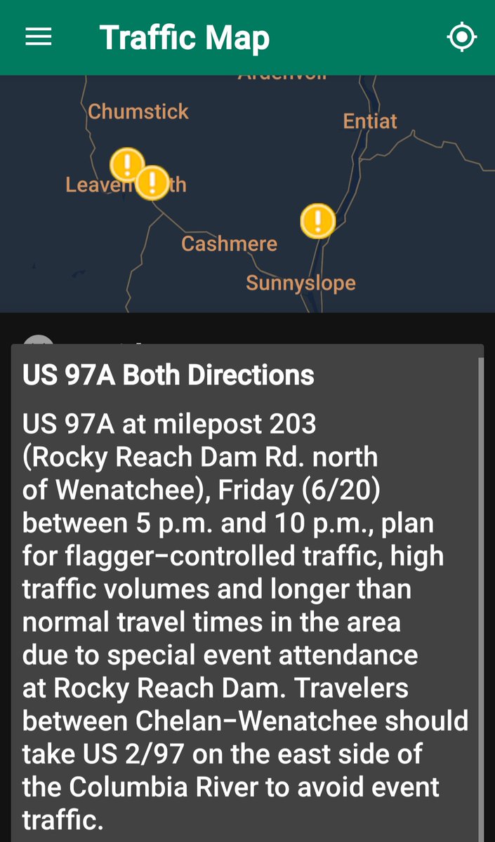 An event at Rocky Reach Dam will mean significant traffic on US 97A north of Wenatchee Friday evening (6/20). If you're driving Wenatchee to Chelan, please consider using US 2/97, otherwise plan for flaggers and longer travel times and please be patient with fellow travelers.