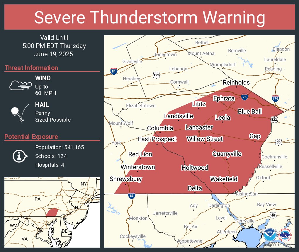 Severe Thunderstorm Warning including Lancaster PA, Ephrata PA and  Columbia PA until 5:00 PM EDT