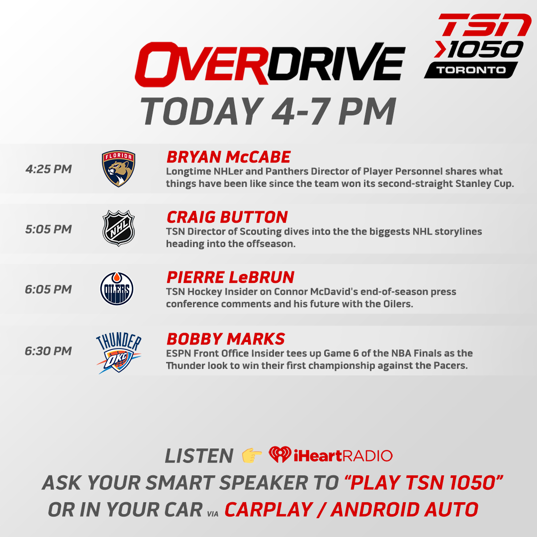 OverDrive (@overdrive1050) on Twitter photo We're off and running to kick off the Thursday edition!
<a href="/HayesTSN/">Bryan Hayes</a>, <a href="/odognine2/">Jeff O’Neill</a> and <a href="/jamiemclennan29/">Jamie McLennan</a> are set to discuss the #LetsGoOilers end-of-season comments and the headlines around the NHL.
📺: TSN4 (4-6) and TSN2 (6-7)
📻: TSN1050.ca and the iHeartRadio App! We're off and running to kick off the Thursday edition!
<a href="/HayesTSN/">Bryan Hayes</a>, <a href="/odognine2/">Jeff O’Neill</a> and <a href="/jamiemclennan29/">Jamie McLennan</a> are set to discuss the #LetsGoOilers end-of-season comments and the headlines around the NHL.
📺: TSN4 (4-6) and TSN2 (6-7)
📻: TSN1050.ca and the iHeartRadio App!