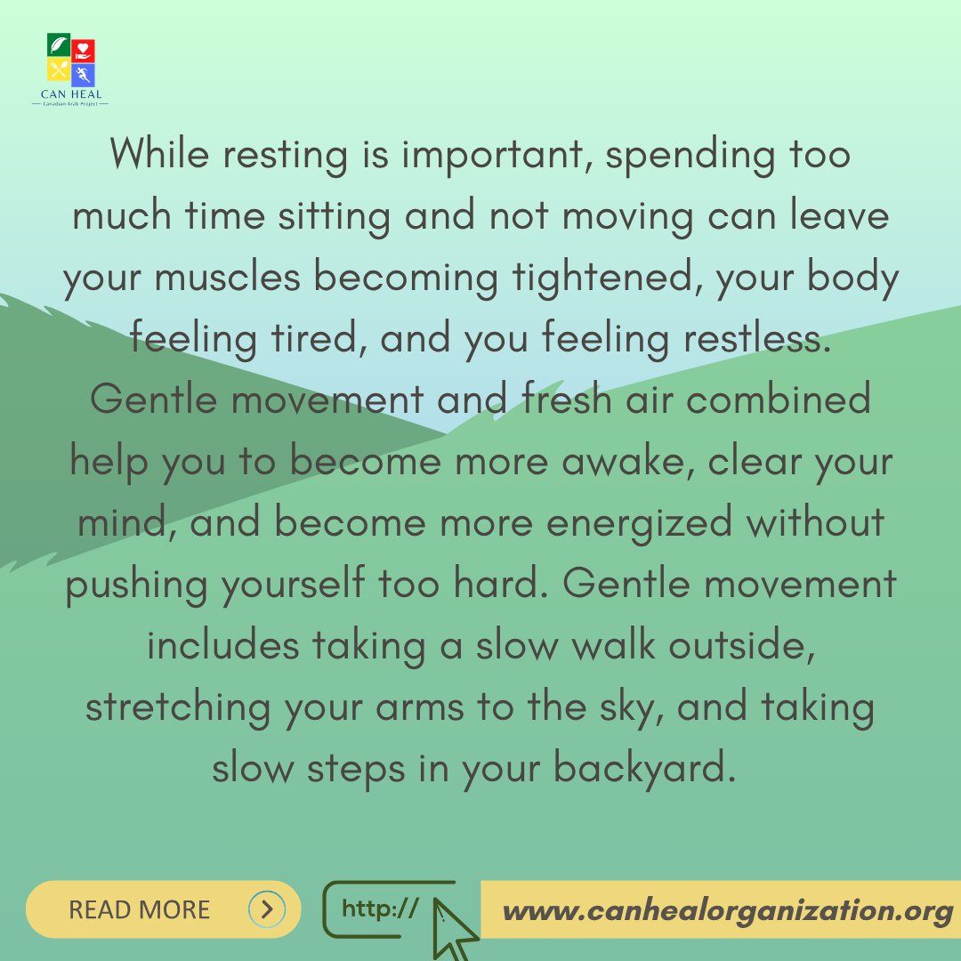 CANHEAL4's tweet photo. When you’re facing days where you’re feeling tired and more rest doesn’t seem to help, gentle movement and getting fresh air can be just what you need to re energize! ✨Read this week’s blog to learn more! https://t.co/utHmKCfTyh . Have a calm and refreshing day! 🍃 https://t.co/X55K7tmZnB