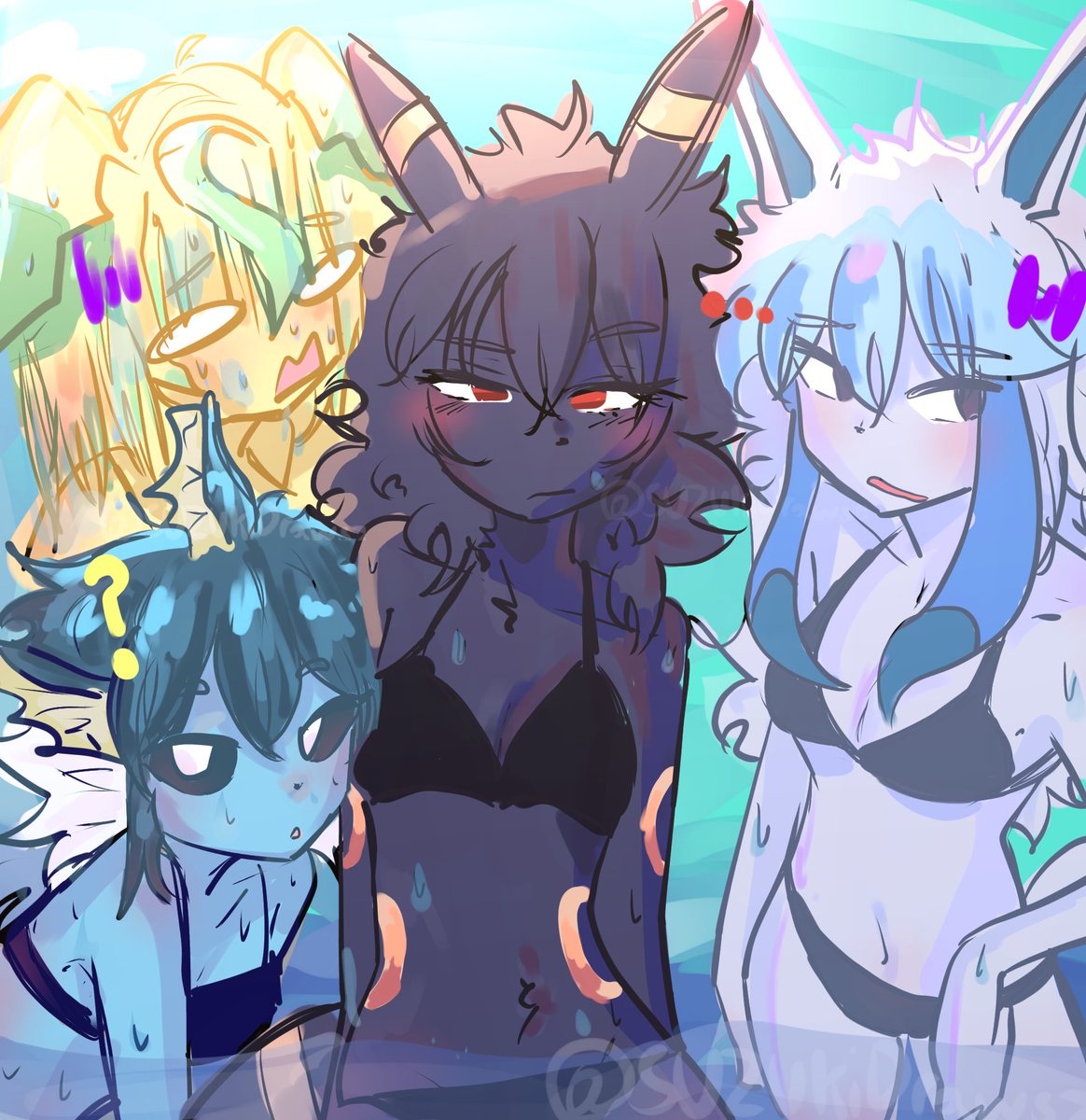 SuzuisF's tweet image. Eeveelutions enjoying a hot asf summer ima die #pokemon #Eeveelutions #umbreon #leafeon #glaceon #vaporeon #art #furry  #furryarwork