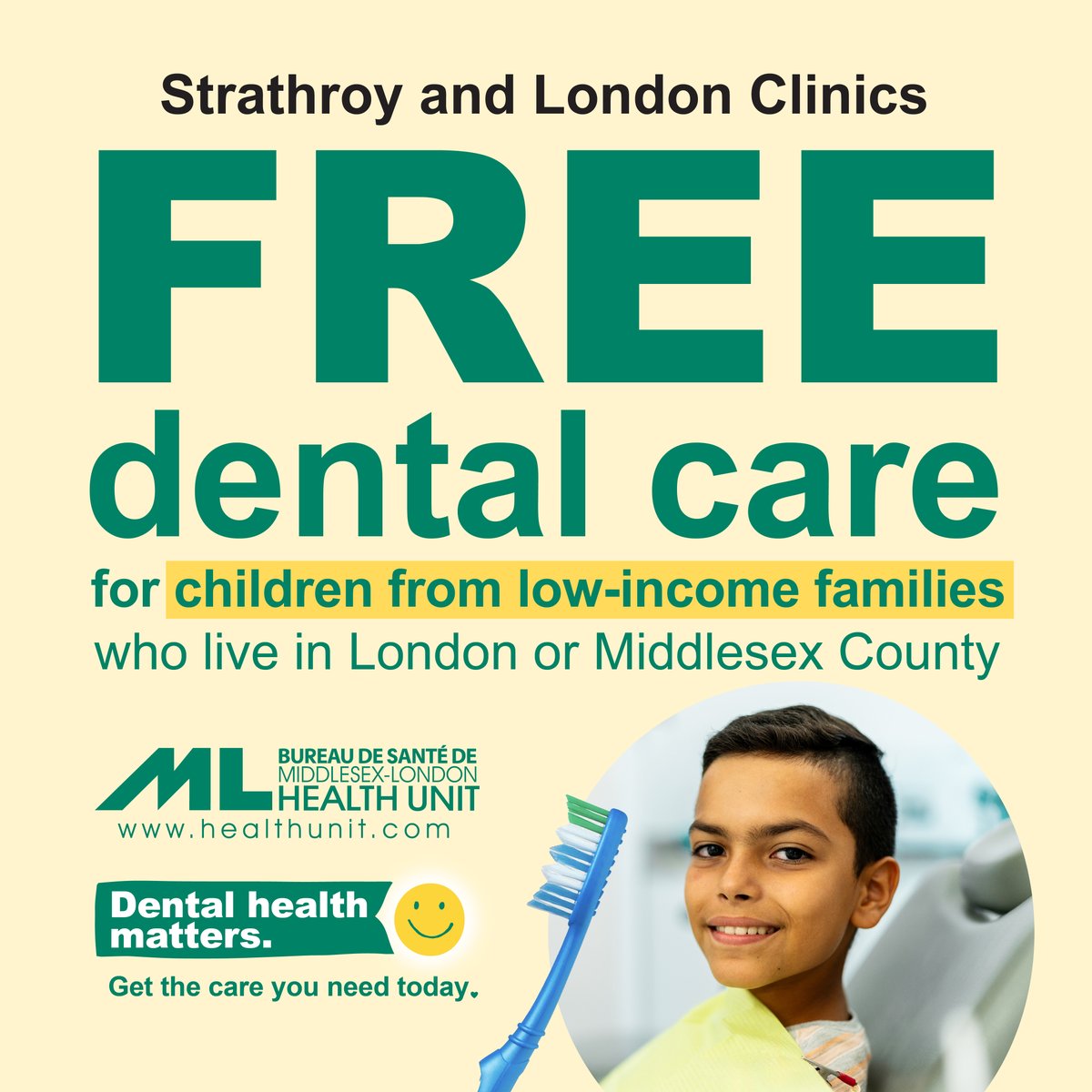 🦷𝗧𝗵𝗲𝗶𝗿 𝗗𝗲𝗻𝘁𝗮𝗹 𝗛𝗲𝗮𝗹𝘁𝗵 𝗠𝗮𝘁𝘁𝗲𝗿𝘀 – 𝗚𝗲𝘁 𝘁𝗵𝗲𝗺 𝘁𝗵𝗲 𝗰𝗮𝗿𝗲 𝘁𝗵𝗲𝘆 𝗻𝗲𝗲𝗱 𝘁𝝾𝗱𝗮𝘆!

Are you a parent or caregiver? Did you know that the #MLHU Dental Clinic provides free preventative dental services for children from low-income families in