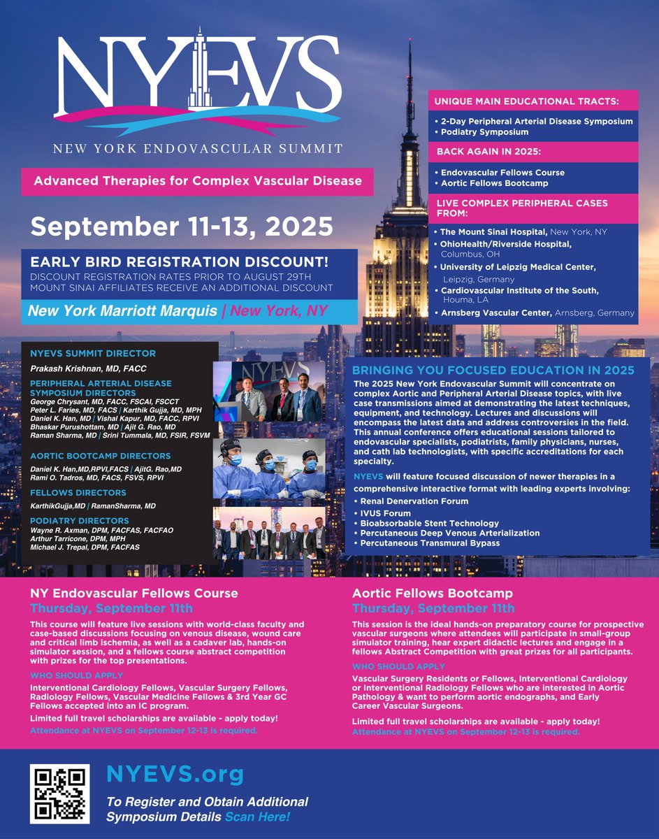 The 2025 New York Endovascular Summit (NYEVS) is a multidisciplinary conference focused on the diagnosis and treatment of peripheral arterial disease (PAD). This two-day conference, taking place from
September 12-13, 2025, will feature different tracks: Non-Aortic PAD, Aortic,