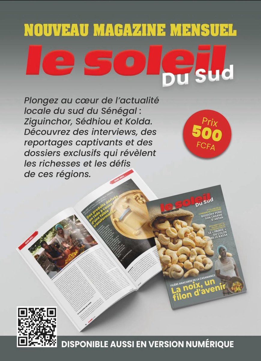 Nouveauté ! Le Soleil met le cap au Sud.
Découvrez dès ce vendredi 20 juin, Le Soleil du Sud, le nouveau magazine mensuel exclusivement dédié à la région naturelle de la Casamance : Kolda, Sédhiou, Ziguinchor, Oussouye, Goudomp, Bignona, Vélingara…

#lesoleildigital