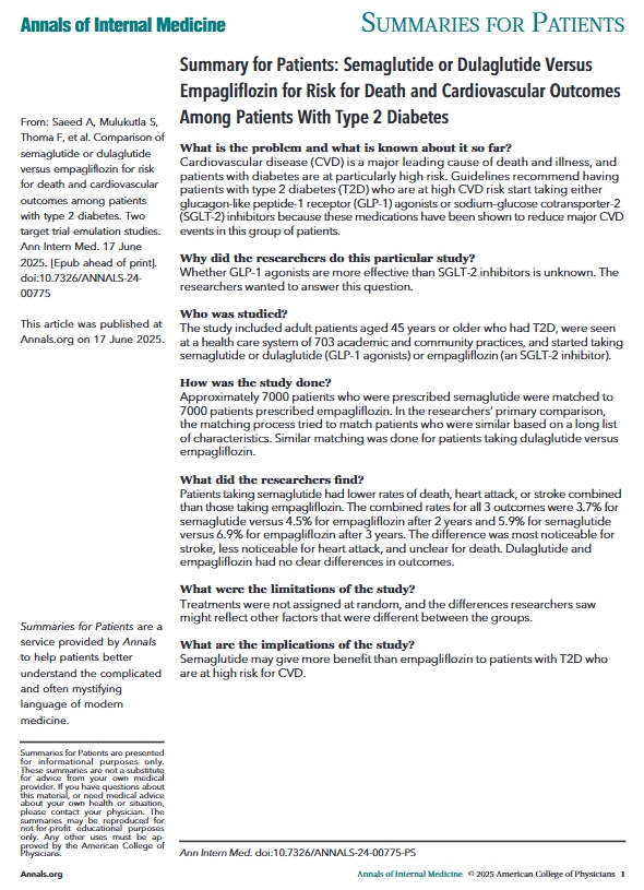 Print this free summary for patients explaining the findings of a new study that showed #semaglutide may give more benefit than empagliflozin to patients with type 2 diabetes who are at high risk for CVD. bit.ly/4ldGJIy