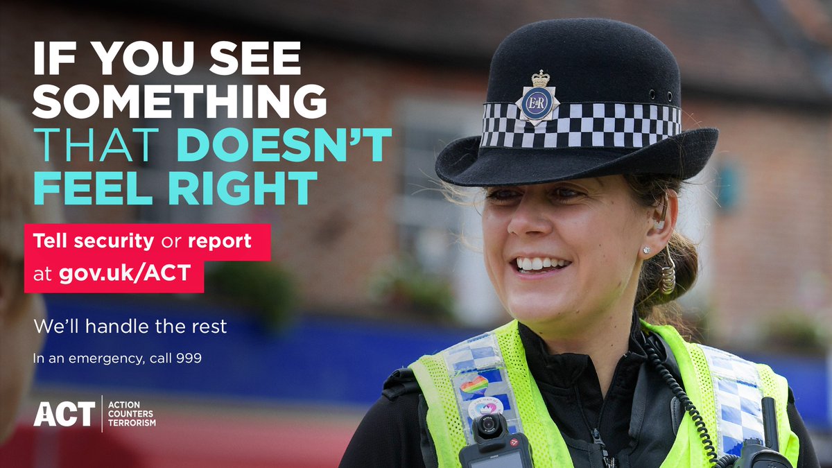Enjoying the summer sun? Stay alert and be aware of your surroundings.

Report anything that doesn’t feel right to security or report online in confidence. Visit orlo.uk/Action_Counter…

In an emergency call 999.

#CommunitiesDefeatTerrorism