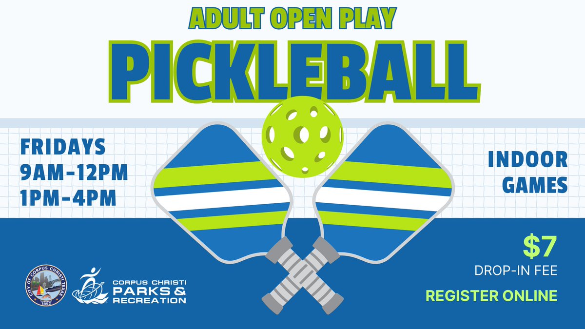 📣 SCHEDULE UPDATE:
The Corpus Christi Parks and Recreation Department is offering its open play pickleball program for ages 18 and up at the Corpus Christi Gym. Sign up before heading to the gym to get in the game!

NEW SCHEDULE starts on June 20:
Fridays from 9 a.m. to 12 p.m.