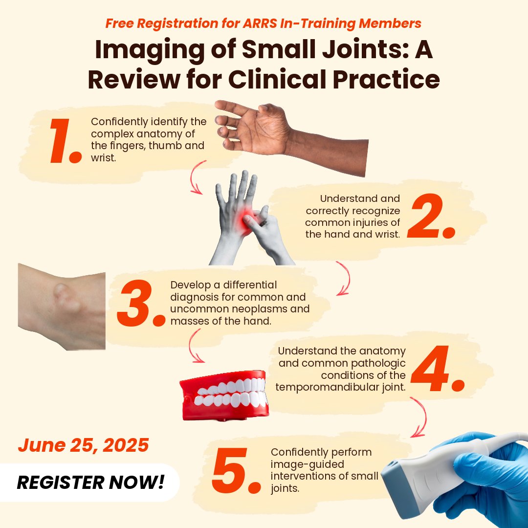 Final chance to register for next week's symposium: Imaging of Small Joints! Can't make the live presentations? All registrants get a year of on-demand access for learning on your schedule.

arrs.org/ARRSLIVE/ARRSL…