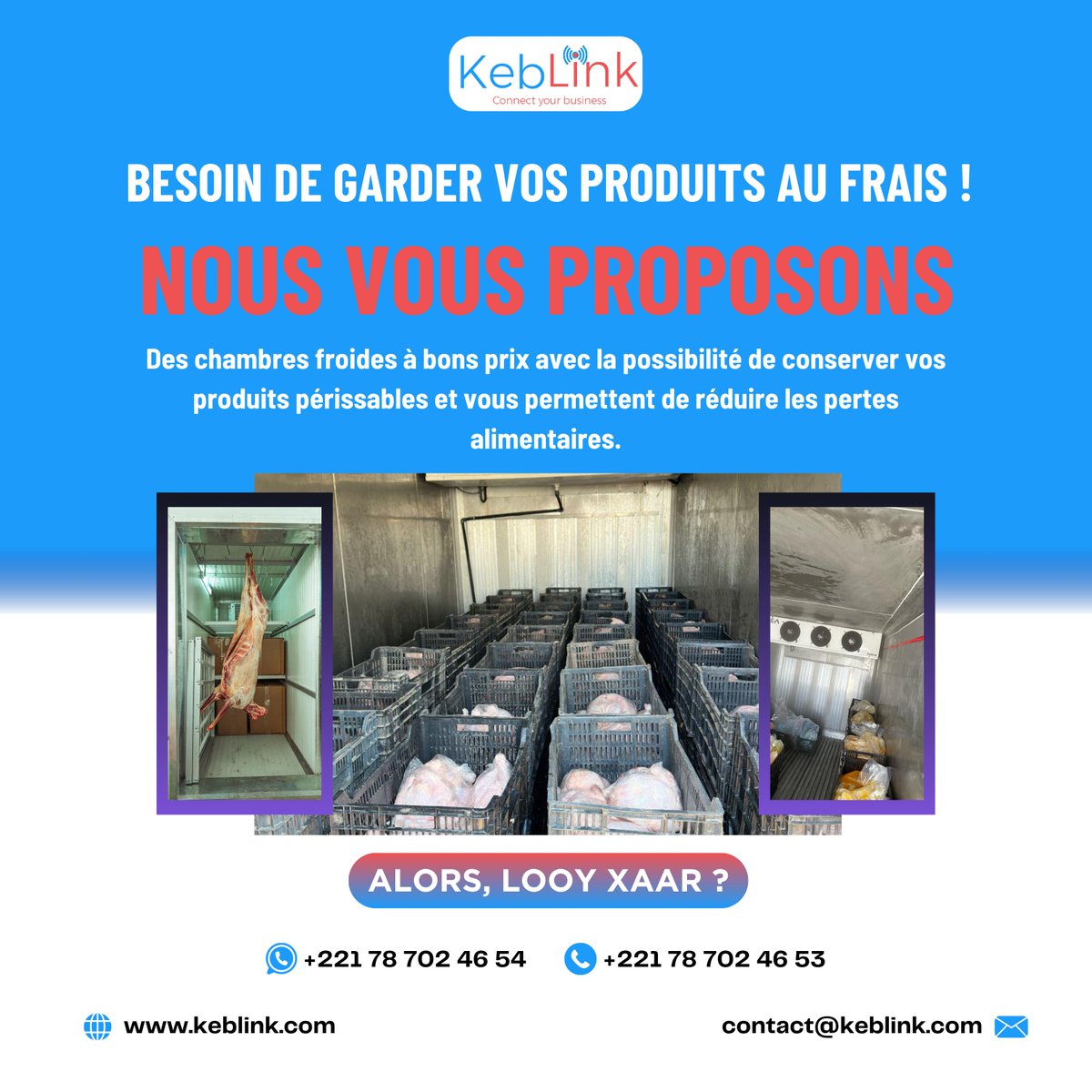 🌡️ Mou touti wala mou bari, Keblink dafkey gérer !

Nous vous proposons des chambres froides à prix compétitifs pour conserver vos produits périssables en toute sécurité.

✅ Réduction des pertes alimentaires
✅ Solutions adaptées aux professionnels de l'agroalimentaire

#Keblink