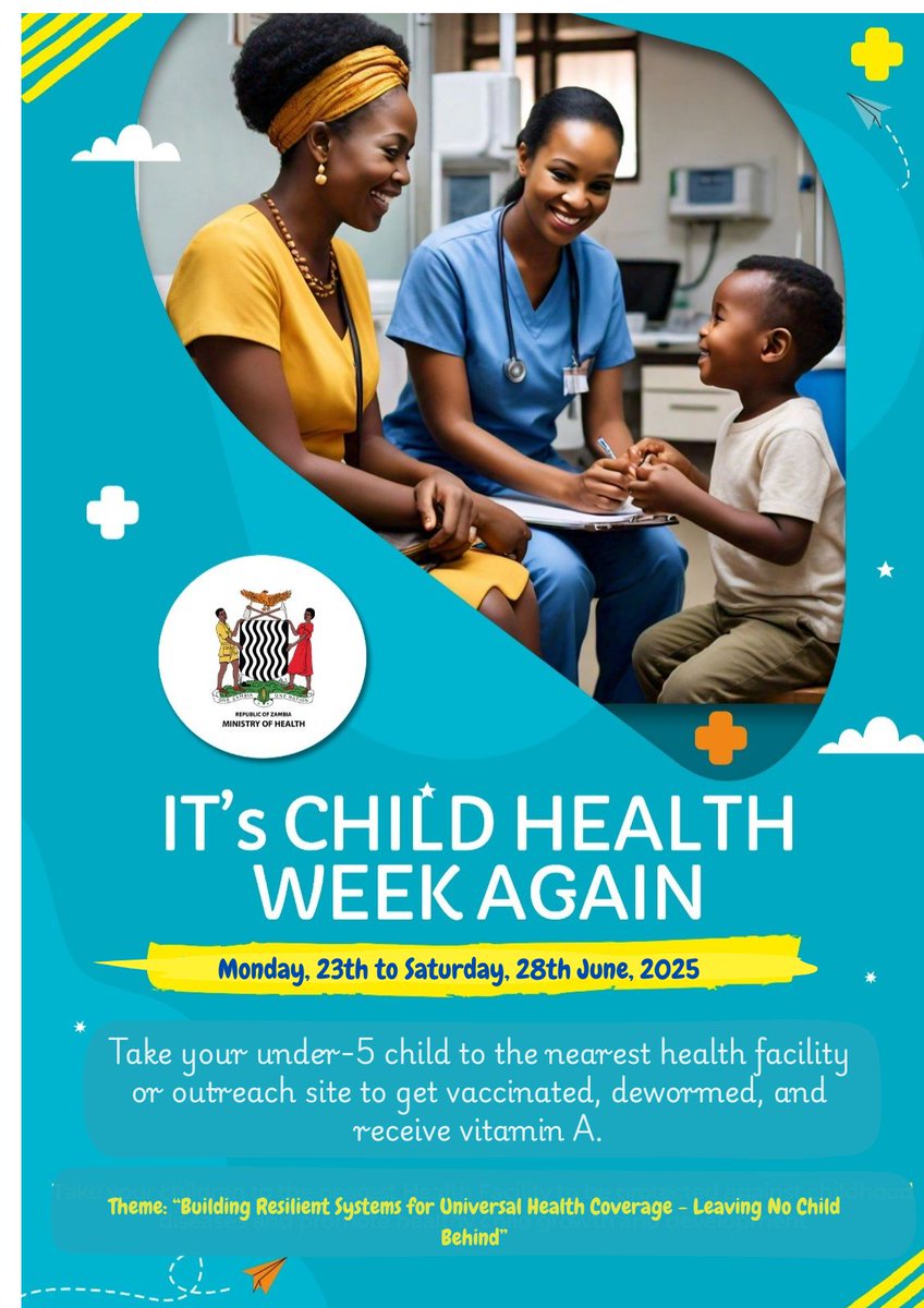 Ministry of Health Zambia (@mohzambia) on Twitter photo ๐๐๐ซ๐ค ๐ฒ๐จ๐ฎ๐ซ ๐๐๐ฅ๐๐ง๐๐๐ซ!
๐ช๐๐๐๐
๐ฏ๐๐๐๐๐ ๐พ๐๐๐ ๐๐ ๐๐๐๐ 23 ๐๐ 28 ๐ฑ๐๐๐ 2025!
Take your under-5 child to the nearest health facility or outreach site to get vaccinated, dewormed, and receive vitamin A #ChildHealthWeek2025
<a href="/unicefzambia/">UNICEF Zambia</a>
<a href="/WHOZambia/">World Health Organization Zambia</a> ๐๐๐ซ๐ค ๐ฒ๐จ๐ฎ๐ซ ๐๐๐ฅ๐๐ง๐๐๐ซ!
๐ช๐๐๐๐
๐ฏ๐๐๐๐๐ ๐พ๐๐๐ ๐๐ ๐๐๐๐ 23 ๐๐ 28 ๐ฑ๐๐๐ 2025!
Take your under-5 child to the nearest health facility or outreach site to get vaccinated, dewormed, and receive vitamin A #ChildHealthWeek2025
<a href="/unicefzambia/">UNICEF Zambia</a>
<a href="/WHOZambia/">World Health Organization Zambia</a>
