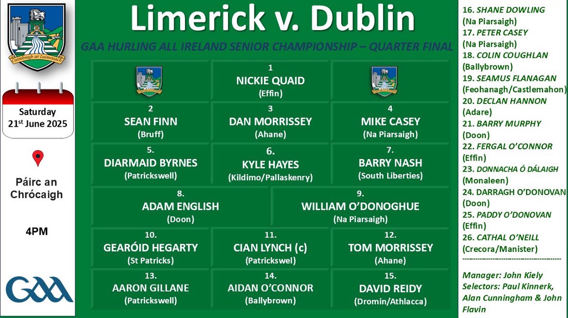 The Limerick Senior Hurling team to take on Dublin this Saturday evening in Croke Park at 4pm is as follows.