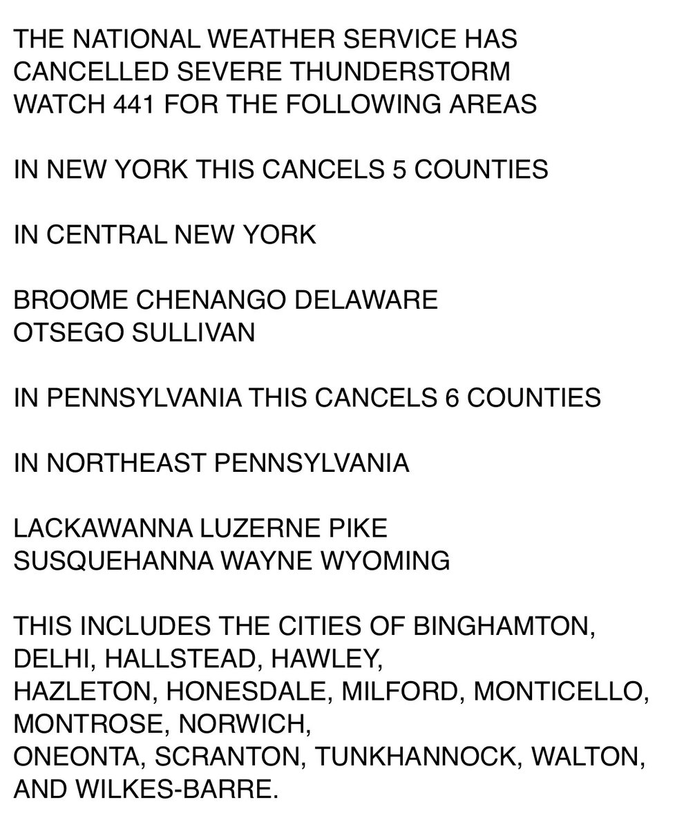 The Severe Thunderstorm Watch for NEPA has been canceled.
I didn’t hype it because I didn’t think it would happen. 🤷🏼‍♂️ 
#NEPA #PAwx