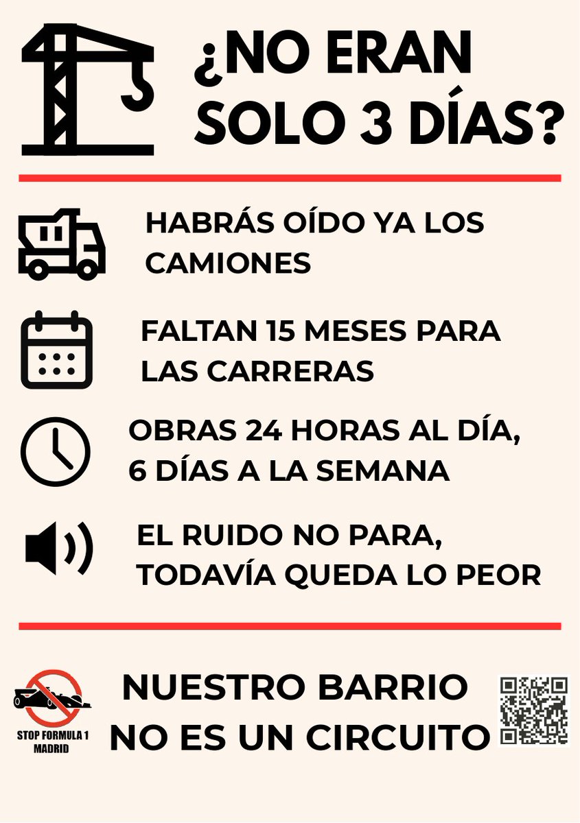 Almeida y Ayuso dicen que la Fórmula 1 en Madrid son sólo tres días, que los que nos quejamos somos unos tristes y que vivan las cañitas...

Pues faltan 15 meses para el Gran Premio y ya tenemos ruidos por obras hasta de madrugada. 

Y lo que nos queda...